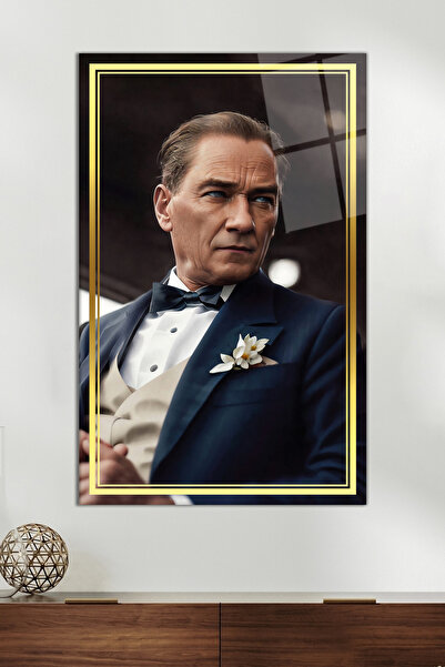 Vosevu Gold Şeritli Yapay Zeka Atatürk Portresi Cam Tablo, Ev ve Ofis Dekoru, Hediyelik Duvar Dekorasyonu