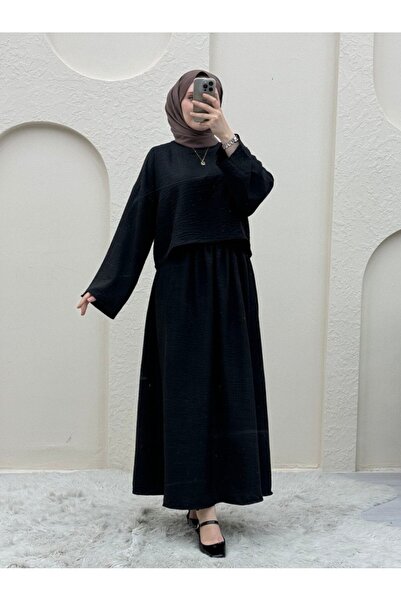 Modamorfo Crew Neck Blouse Skirt Linen Set -Black