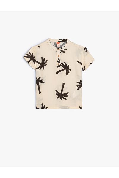 Koton Palm Tree Printed Short Sleeve Shirt - Round Neck