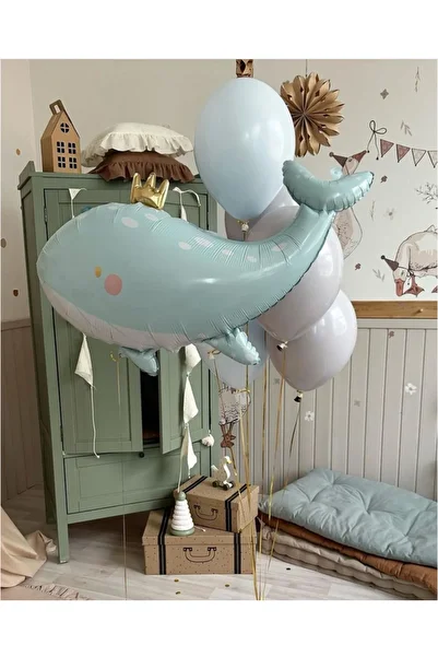 Çemrek Süs Parti Mint Whale Foil Balloon Bundle 11 Pieces