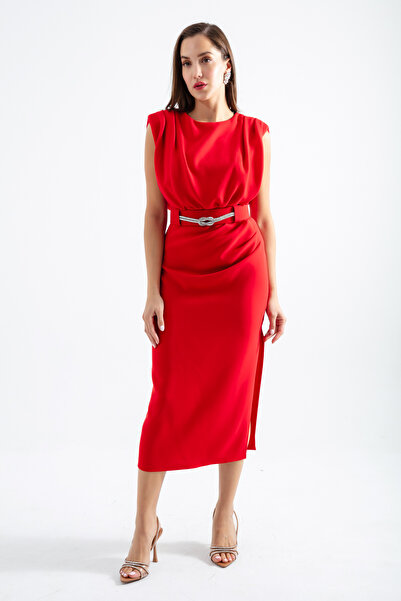 Lafaba Női Red Stone öves hasított midi estélyi ruha