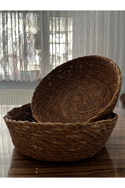 Hvc ticaret Multi-Purpose Wicker Basket 23 cm Round Snack Bowl, Presentation Basket, Fruit Plate 1 Piece