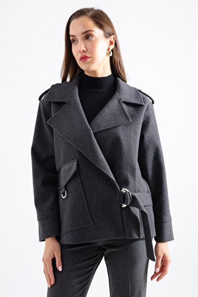 Lafaba Dámský antracitový kožený kabát s detailním vzorem