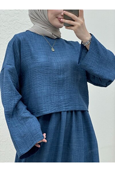 Modamorfo Bicycle collar blouse skirt linen set - indigo