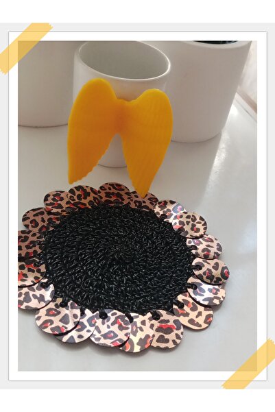 ZEYNEP ELA Kahve yanı pullu leopar desenli siyah sunum pecete 6 lı