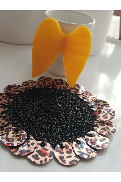 ZEYNEP ELA Kahve yanı pullu leopar desenli siyah sunum pecete 3 adet