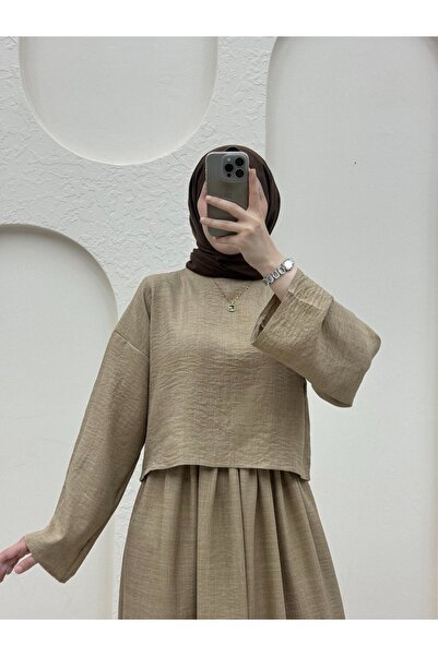 Modamorfo Mink Linen Set - Crew Neck Blouse and Skirt