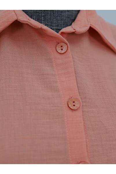 Modamorfo Λινό φόρεμα με λεπτομέρεια δεμένη φούστα και ελαστική μέση - σολομός