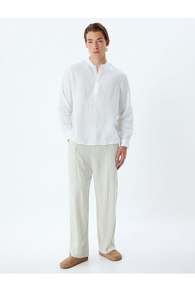 Koton Collarless Linen Shirt Long Sleeve Button Detail Regular Fit