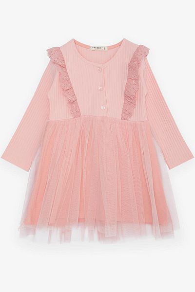 Breeze Long Sleeve Tulle Embroidered Dress for 1.5-5 Years Old Girls - Salmon