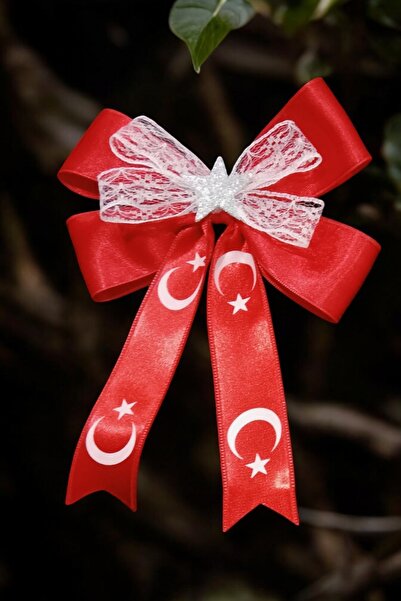 Türk Bayraklı Tül Detaylı 29 Ekim 23 Nisan Kırmızı Beyaz Büyük Boy Saç Tokası