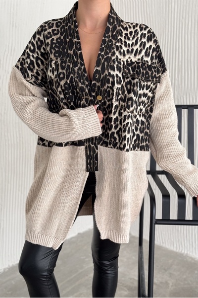 FEMELLE Γυναικείο πλεκτό με μοτίβο λεοπάρ Λεπτομερές σχέδιο τζιν μπουφάν