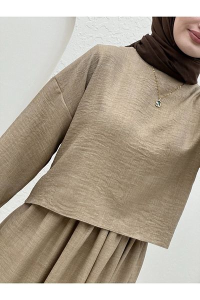 Modamorfo Mink Linen Set - Crew Neck Blouse and Skirt
