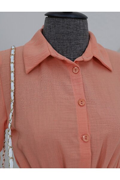 Modamorfo Λινό φόρεμα με λεπτομέρεια δεμένη φούστα και ελαστική μέση - σολομός