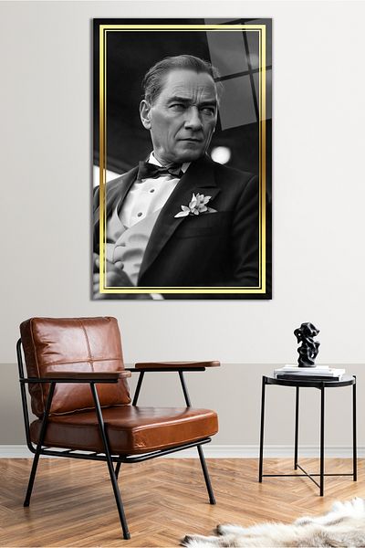 Vosevu Gray Artificial Intelligence Ataturk Portrait Glass Painting with Gold Stripe, Home Office Decor, Gift Wall Decoration