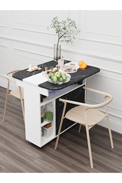 moka park avm Açılır Kapanır Raflı Kapaklı Tekerlekli 6 Kişilik Dikdörtgen Şık Yemek Masası Mutfak Masası