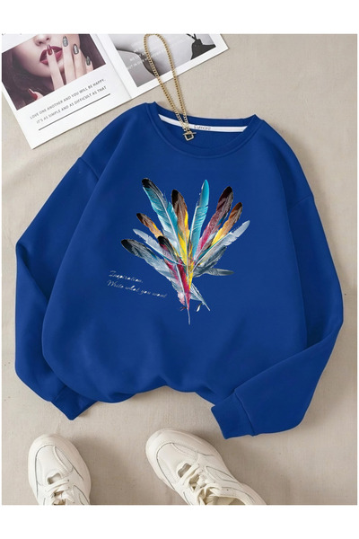 Genel Markalar RENKLİ TÜY BASKILI BİSİKLET YAKALI SWEATSHİRT