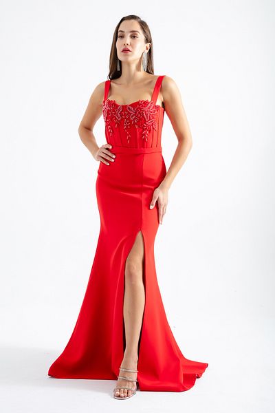 Lafaba Women's Red Stoned Underwire Corset Slit Long Evening Dress