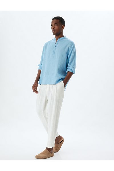 Koton Collarless Linen Shirt Long Sleeve Button Detail Regular Fit