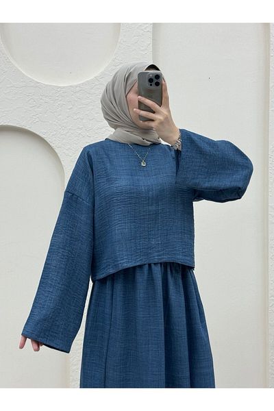 Modamorfo طقم كتان نيلي - بلوزة وتنورة برقبة دائرية