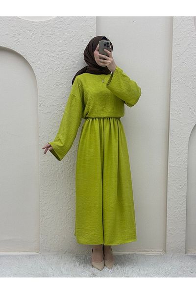 Modamorfo طقم كتان - بلوزة وتنورة برقبة دائرية - f.green