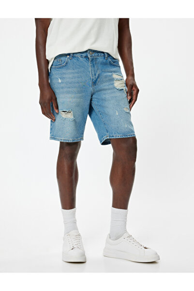 Koton Cotton Oversize szakadt Bermuda Jeans Shorts - Zseb részletes