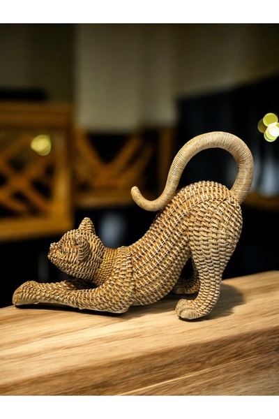 Barbiel Atölye Rustik Sevimlilik, Hasır Dokuda Tasarlanmış Esneyen Kedi Dekor...