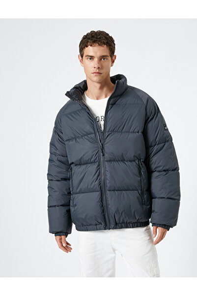 Koton Puffer Jacket Stand Collar Zipper Label Printed Pocket Detailed