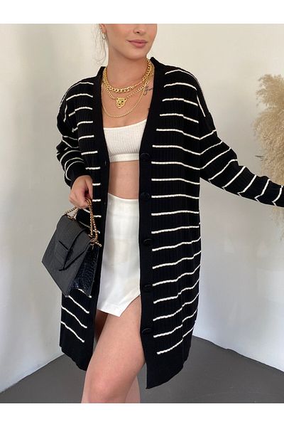 Modamorfo Ribbed Buttoned Long Knitwear Cardigan - Black