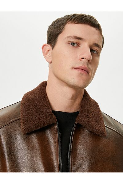 Koton Slim Fit Faux Fur Leather Jacket with Pockets