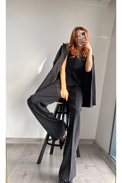 bonnline Striped Vest Pleated Detail Palazzo Oversize Suit Dress