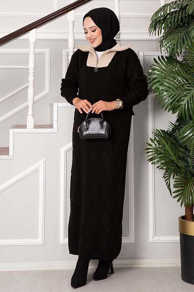 EBRUTESETTÜR Diamond Pattern Garnished Knitwear Dress