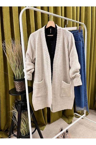 Butik Women's Sleeve Layered Pocket Loose Knitwear Tunic Long Cardigan