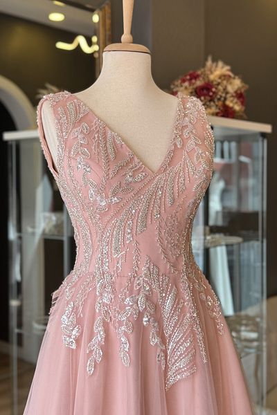 Lenta Moda Powder V-Neck Leaf Pattern Lace Detailed Maxi Length Evening and Wedding Dress