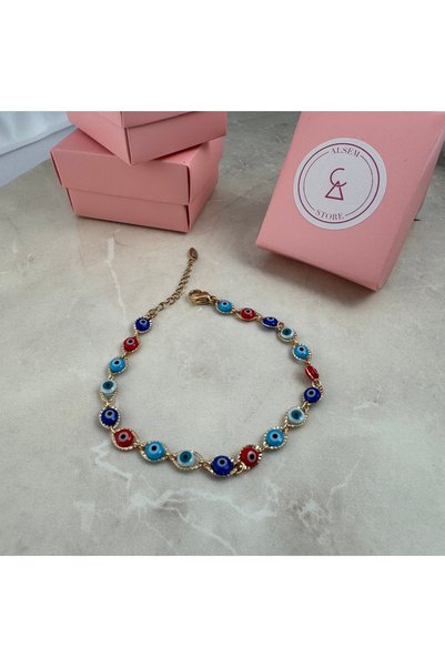 Alsem Women's Evil Eye Bead Embroidered Gold Plated Adjustable Bracelet, Evil Eye Bead Embroidered Bracelet