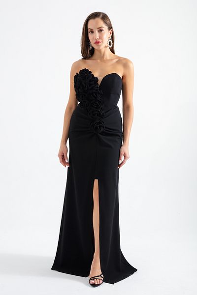 Lafaba Women's Black Strapless Chest Design Evening Dress