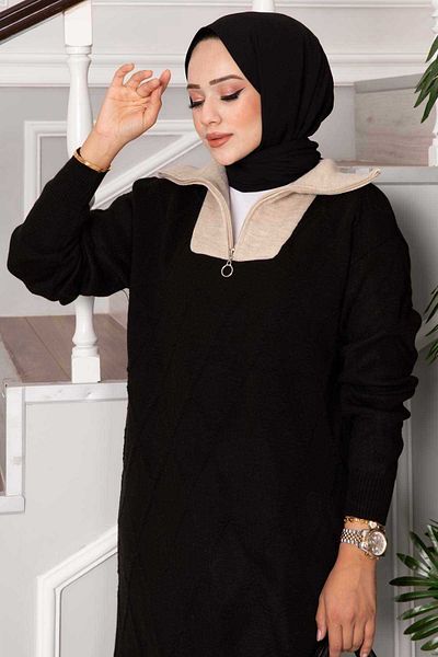 EBRUTESETTÜR Diamond Pattern Garnished Knitwear Dress