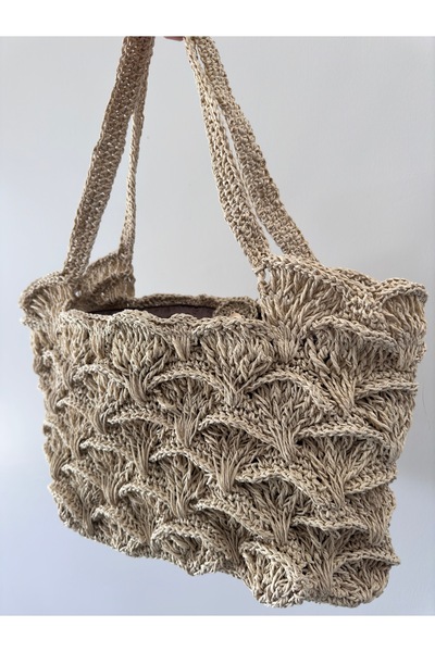 Bucci Handmade Kağıt Ip Örme Çanta / El Örgüsü Omuz Çantası / Saman Rengi Astarlı Çanta