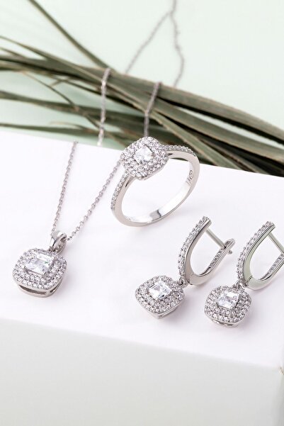 Else Silver Pırlanta Modeli Çift Sıralı Gümüş 3lü Takı Seti