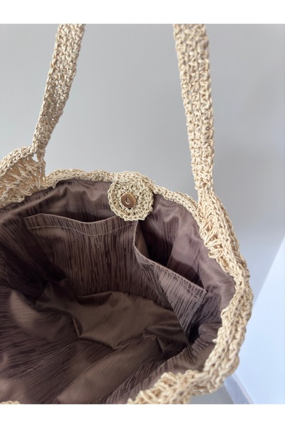 Bucci Handmade Kağıt Ip Örme Çanta / El Örgüsü Omuz Çantası / Saman Rengi Astarlı Çanta