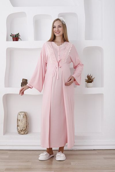 ERDENİZ TEKSTİL Buttoned Laced Collar Long Sleeve Maternity-Pregnancy Nightgown Set of 2 (Autumn-Winter)
