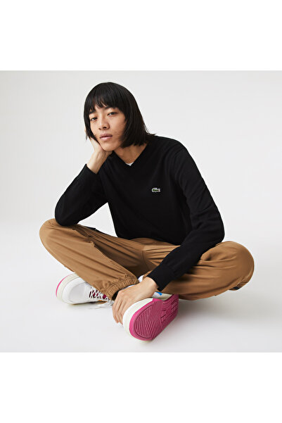 Lacoste Men's Regular Fit V-Neck Organic Cotton Black Knitwear