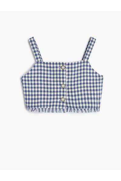 Koton Crop Blouse with Straps Tweed Flower Button Detail