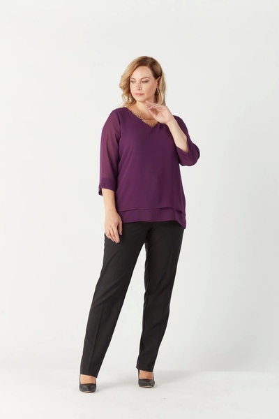 Moda Berray 1935 Zincir Yakalı Şifon Büyük Beden Şık Bluz Mürdüm