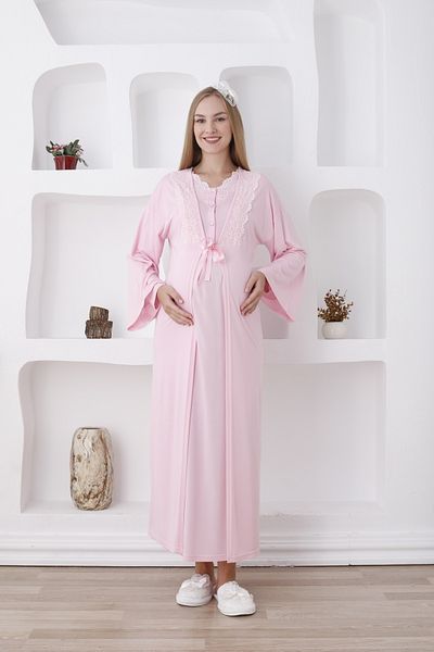 ERDENİZ TEKSTİL Buttoned Laced Collar Long Sleeve Maternity-Pregnancy Nightgown Set of 2 (Autumn-Winter)