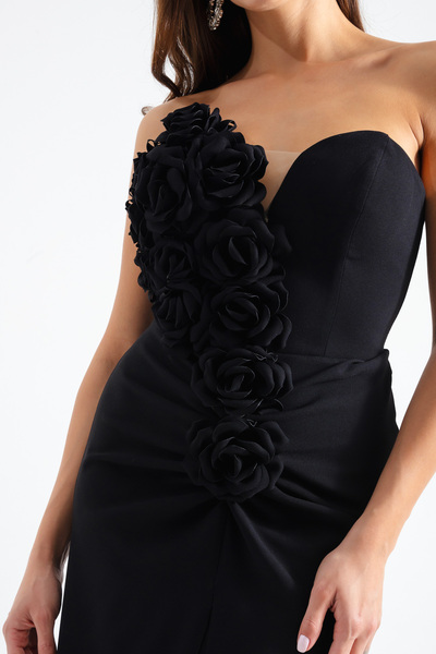 Lafaba Women's Black Strapless Chest Design Evening Dress