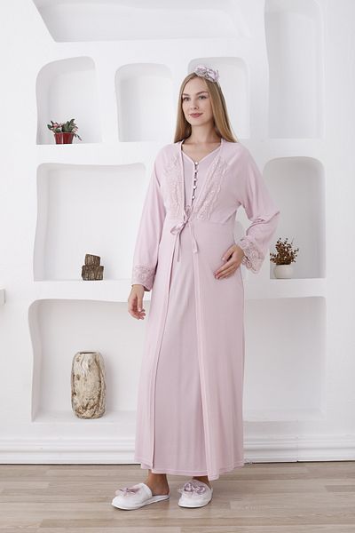 ERDENİZ TEKSTİL Buttoned V-Neck Long Sleeve Laced Maternity-Pregnant Cotton Nightgown Set of 2 (Autumn-Winter)