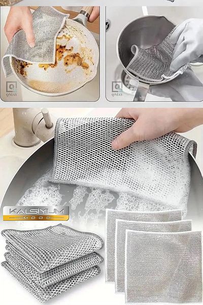 Kalsiyum Mood Anti-Scratch Kitchen Wire Dishcloth 4 Pieces Steel Gray Wire Dish Towel Wire Dishcloth