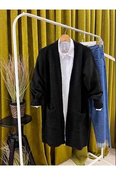 Butik Black Women's Sleeve Layered Pocket Loose Knitwear Tunic Long Cardigan Hijab Women's Cardigan