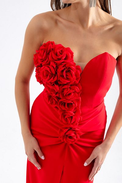 Lafaba Women's Red Strapless Chest Design Evening Dress